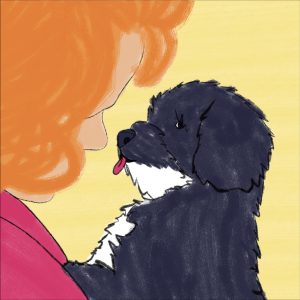 painting of side view of red headed girl about to get licked on the face by a black and white puppy