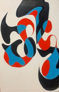 blue red and black swirls on a beige canvas titled Fez n.2 by Houyem Abidi