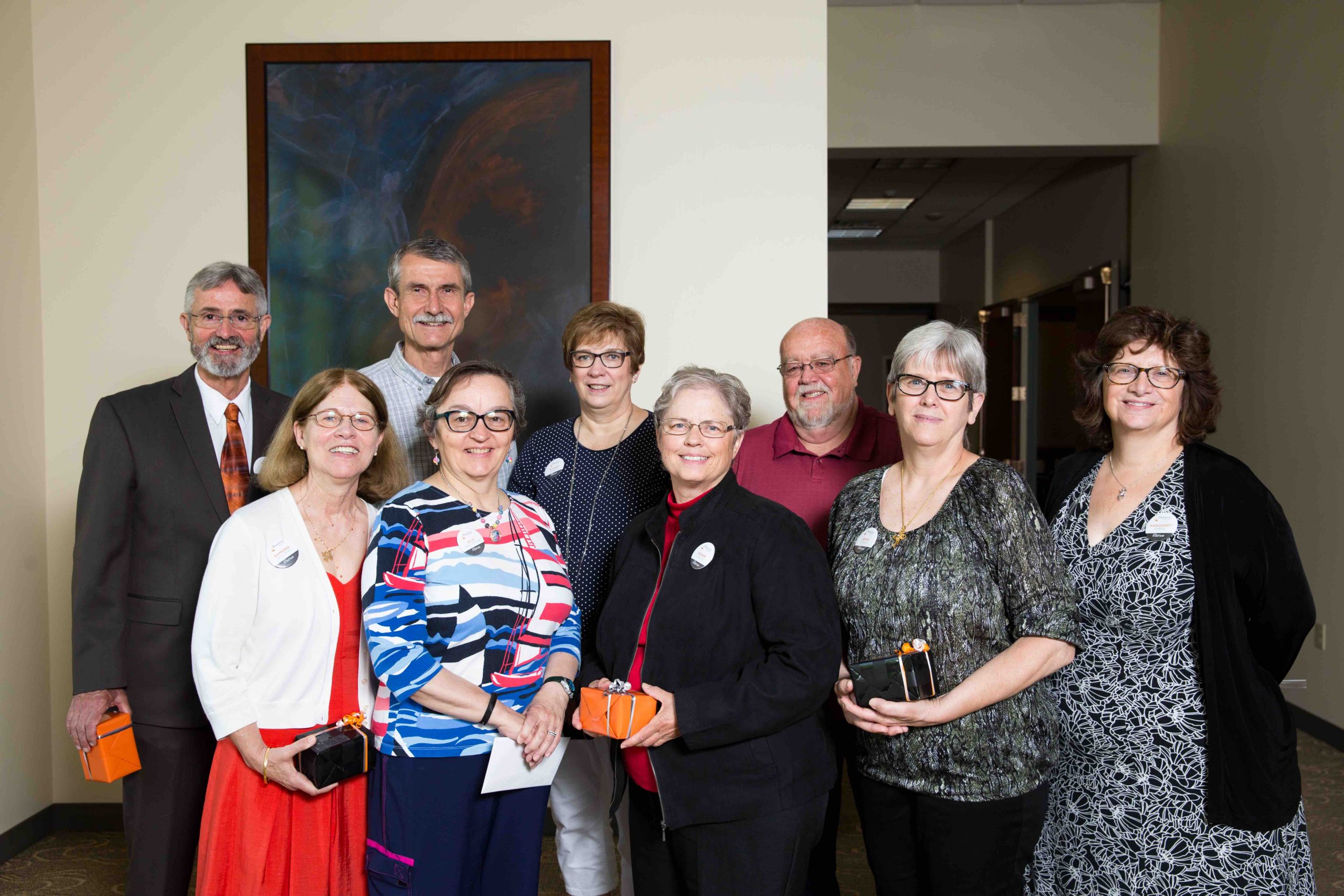 Wartburg College retirees include (back row, l to r) John Myers, Cliff Brockman, SuzAnn Kramer, Jim Anderson and (front row, l to r) the Rev. Ramona Bouzard, Julie Breutzmann, Susan Lenius, Anna Epley and Margaret Empie.
