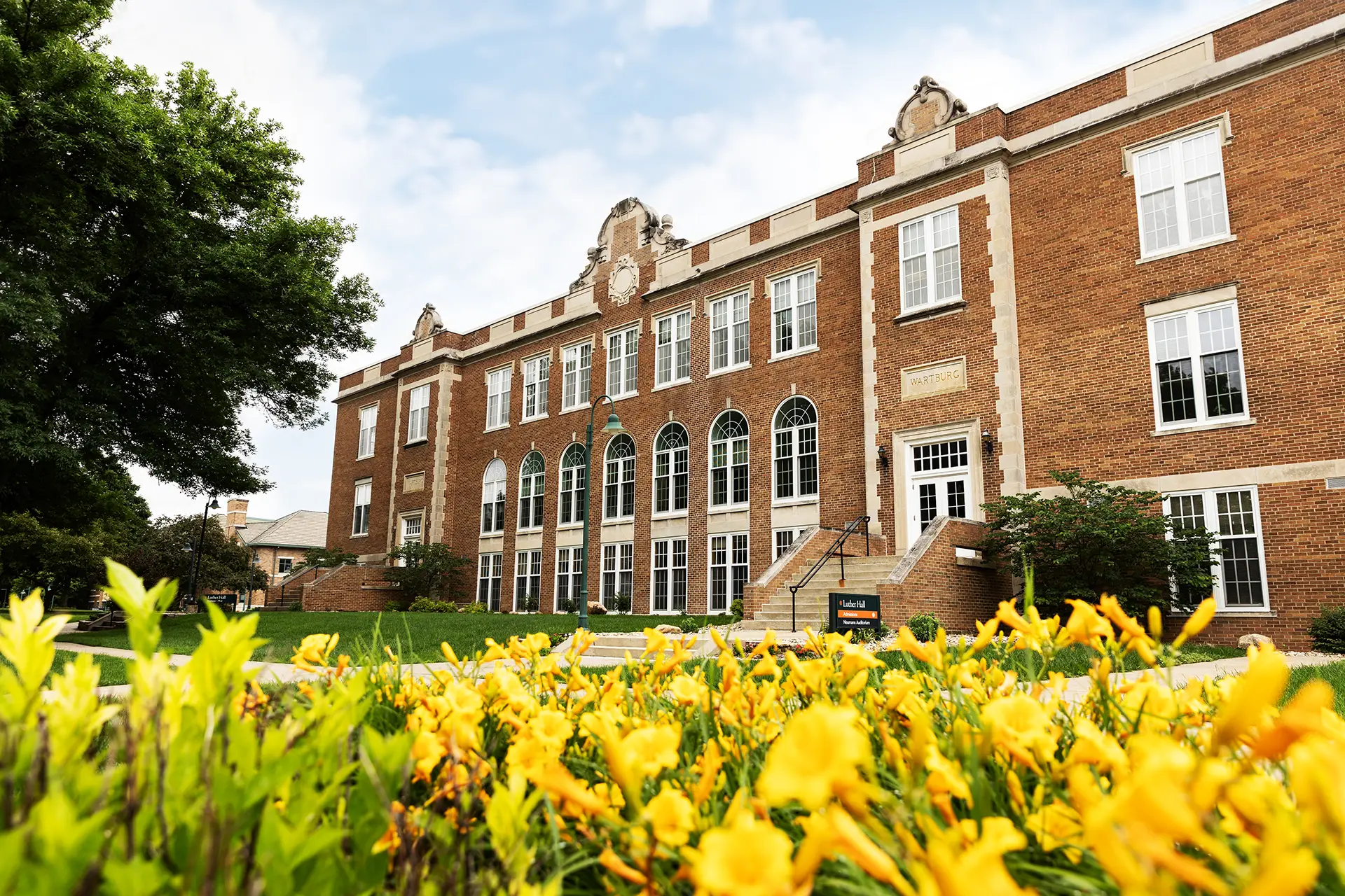 Luther Hall with yellow flowers in the foreground