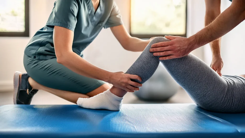 Therapist stretching clients leg