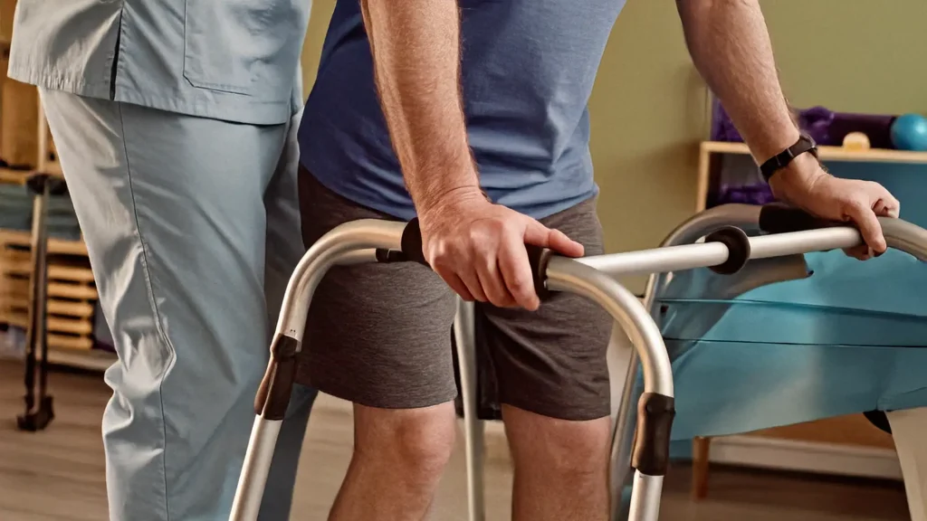 Physical therapist helping patient walk