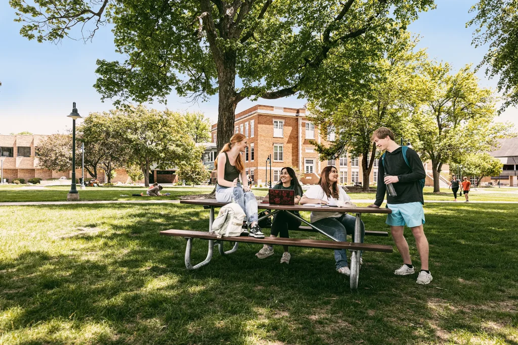 Students hanging out at a picnic table on the campus mall