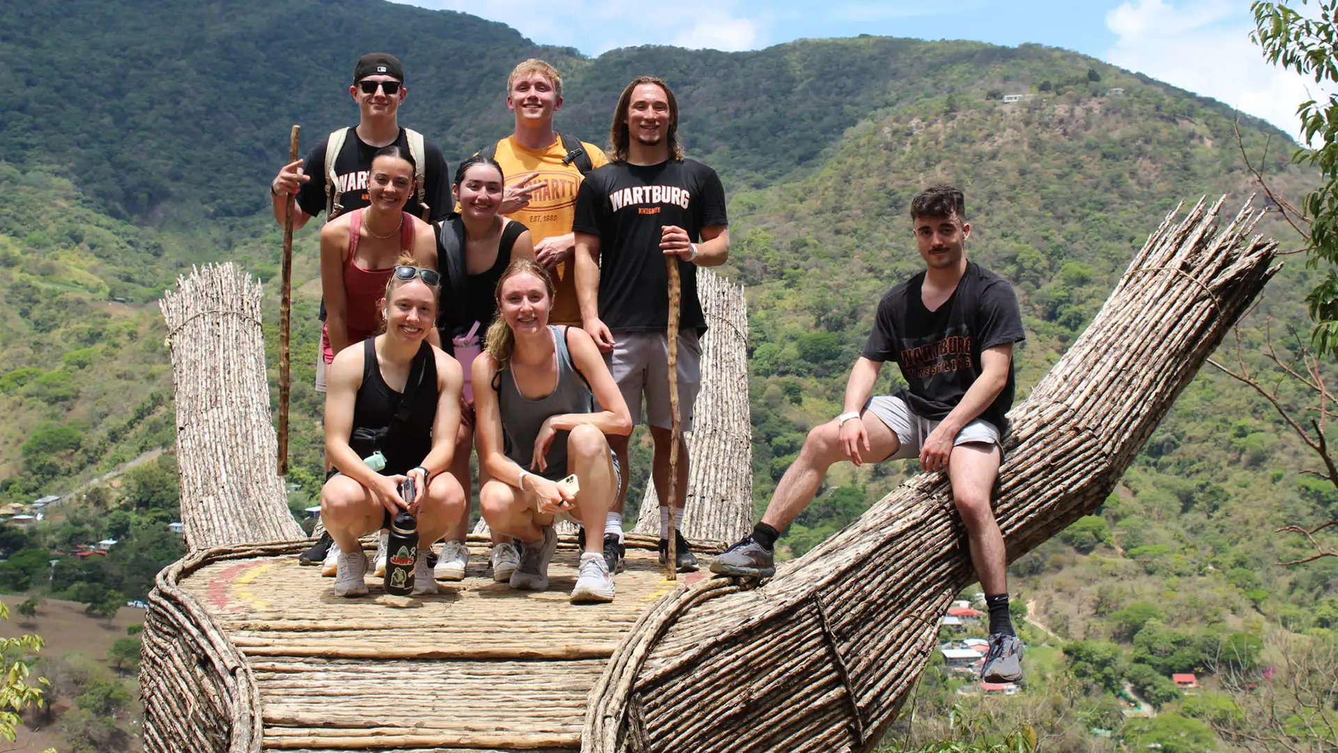 Students sit on large tree branches that have been turned into an outlook deck with greenery covered hills in the background
