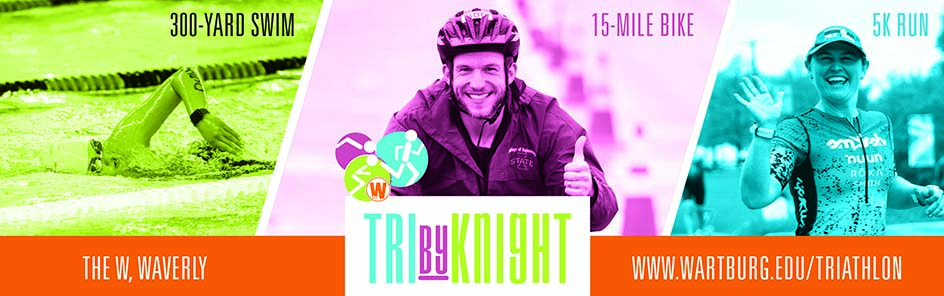 TriByKnight banner with a swimmer, biker and runner