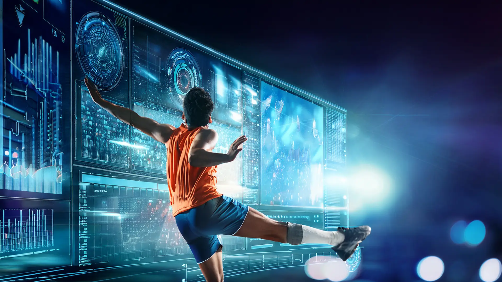 Soccer player kicking with data points in the background