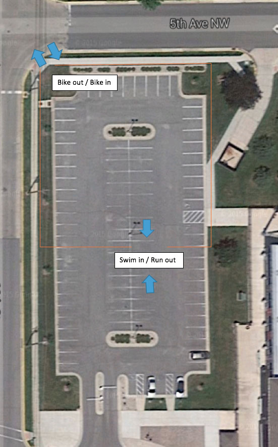 Map of the W parking lot where athletes will transition from swim to bike and bike to run. 