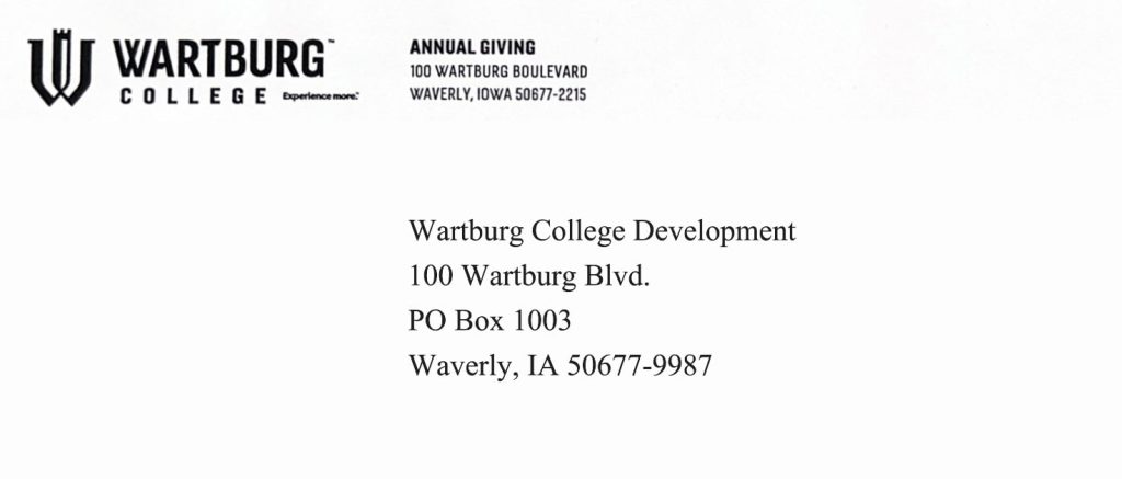 Envelope image with address: Wartburg College Development, 100 Wartburg Blvd., Waverly, IA 50677