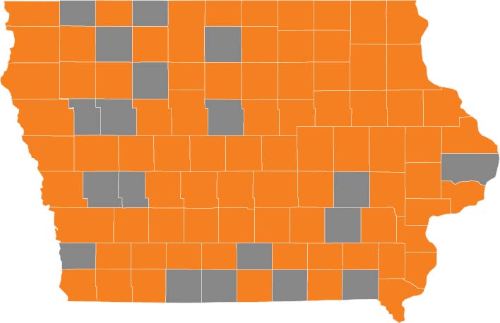 Iowa county map filled in to show the counties where Ioponics are in Iowa. 