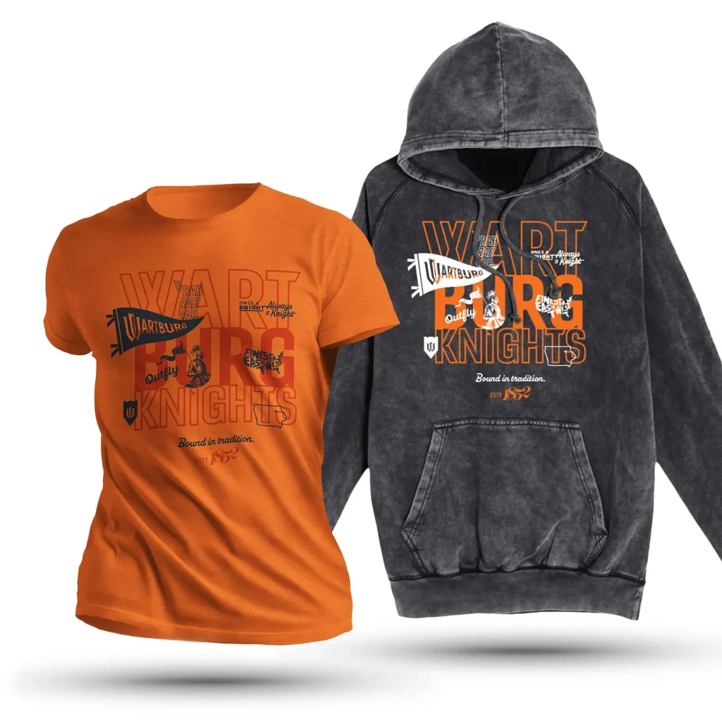 An orange T-shirt and cloudy black hoodie, both with imprints that read "Wartburg Knights."