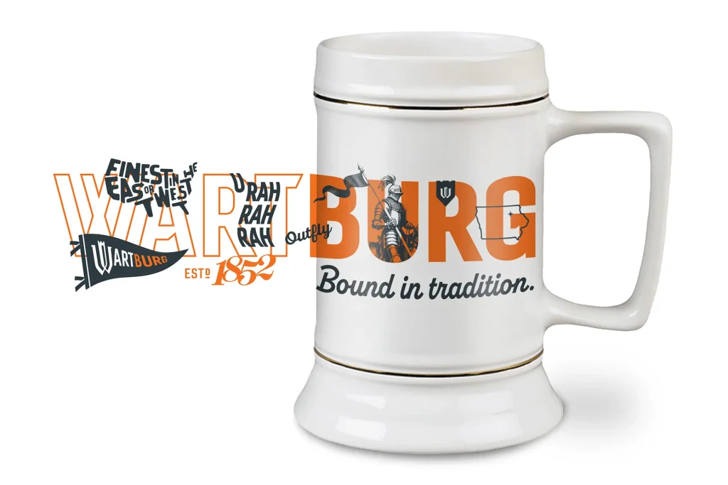 A white porcelain stein with a wrap design that reads "Wartburg: Bound in Tradition."