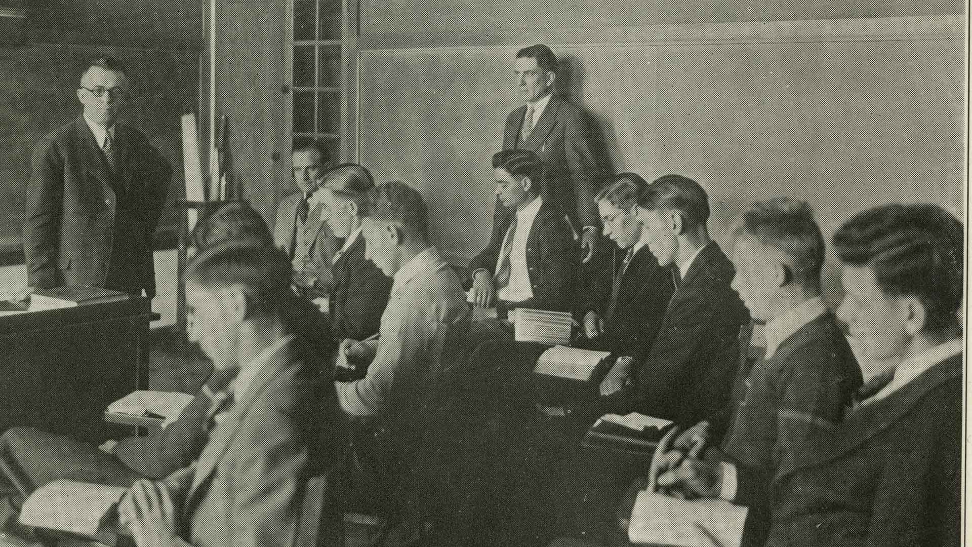 Students sit in a Luther Hall classroom in 1932