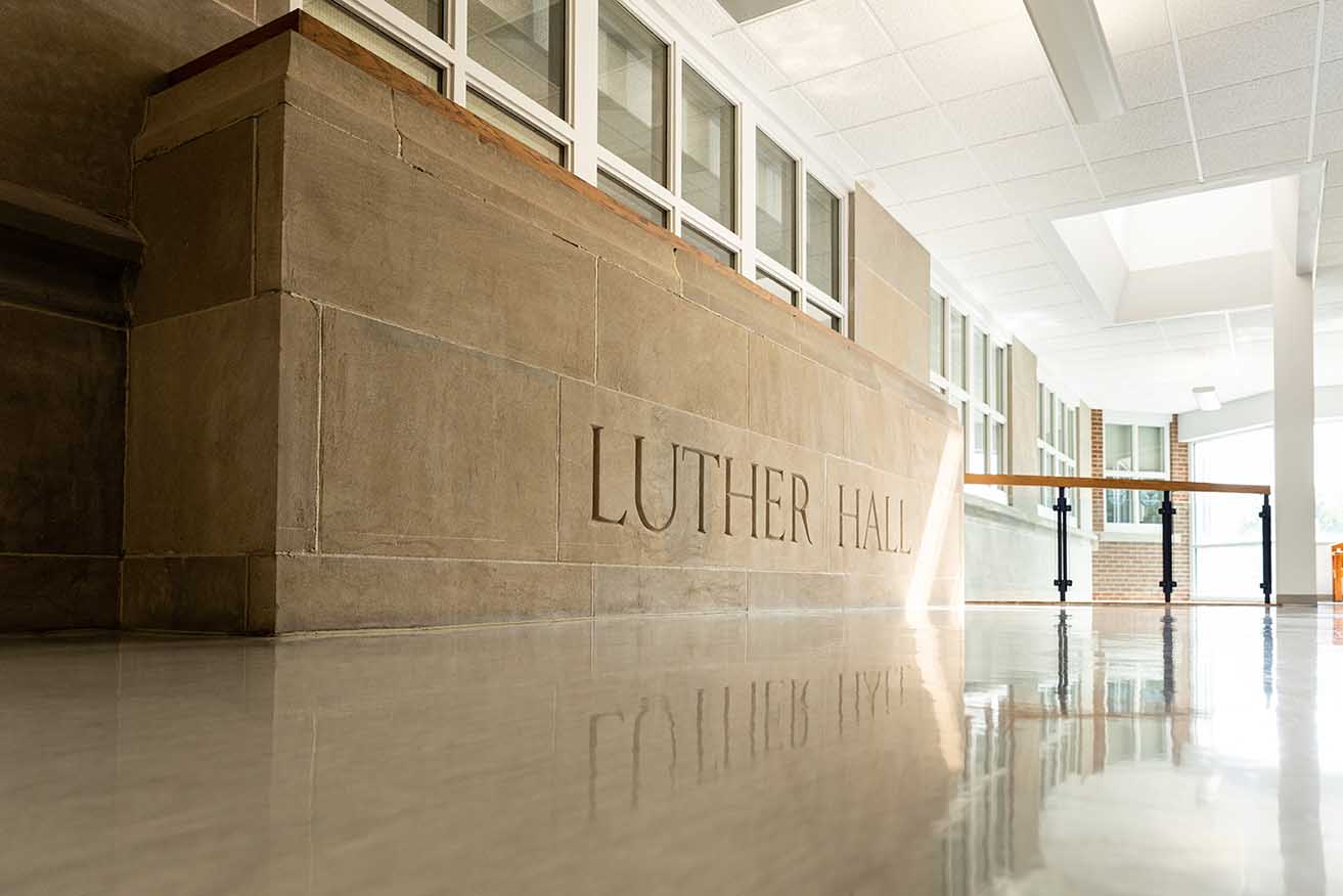Luther Hall Transom which is now in the hallway between Luther Hall and the Classroom Technology Center.