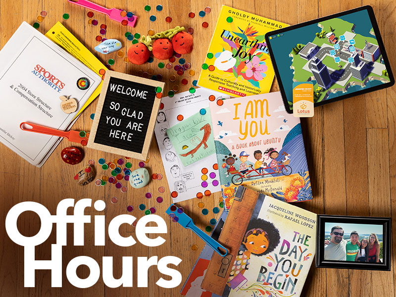 Photo with multiple items from Jen Dickey's life, including several inclusive children's books, a family photo, manipulatives used to promote fine motor skills, an iPad, and a manual from her work at Sports Authority.