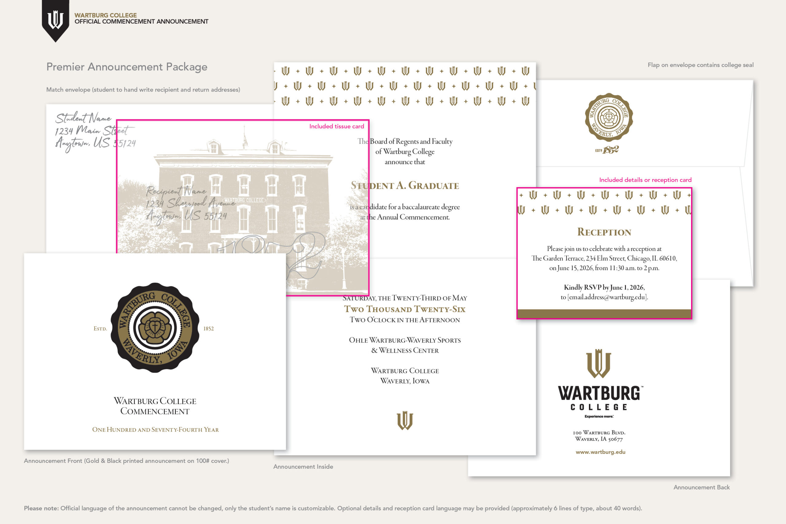 Premier Announcement Package showing announcement, tissue insert, reception detail card and coordinating envelope on tan background.