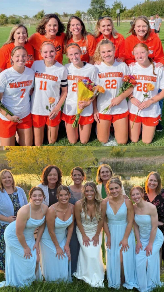 A dual image shows Katie Berglund and her soccer teammates as Wartburg students and on the bottom is a photo of them in the same pose at her wedding. 
