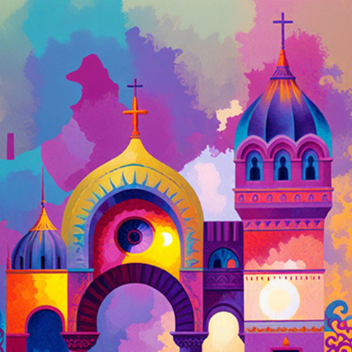 Colorful illustration of steeples