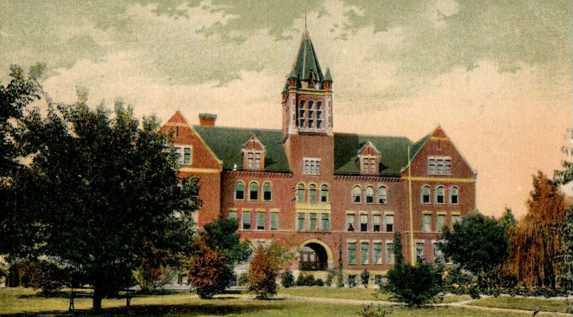 Wartburg College building in Clinton, Iowa artist rendering for a postcard