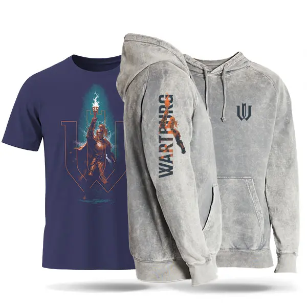 The 2026 Homecoming & Family Weekend T-shirt and sweatshirt designs. The T-shirt is a deep purple with an orange knight holding a lit torch. The cloudy gray sweatshirt has the same knight coming out of a vertical imprint of WARTBURG down the sleeve with the Wartburg monogram on the front.
