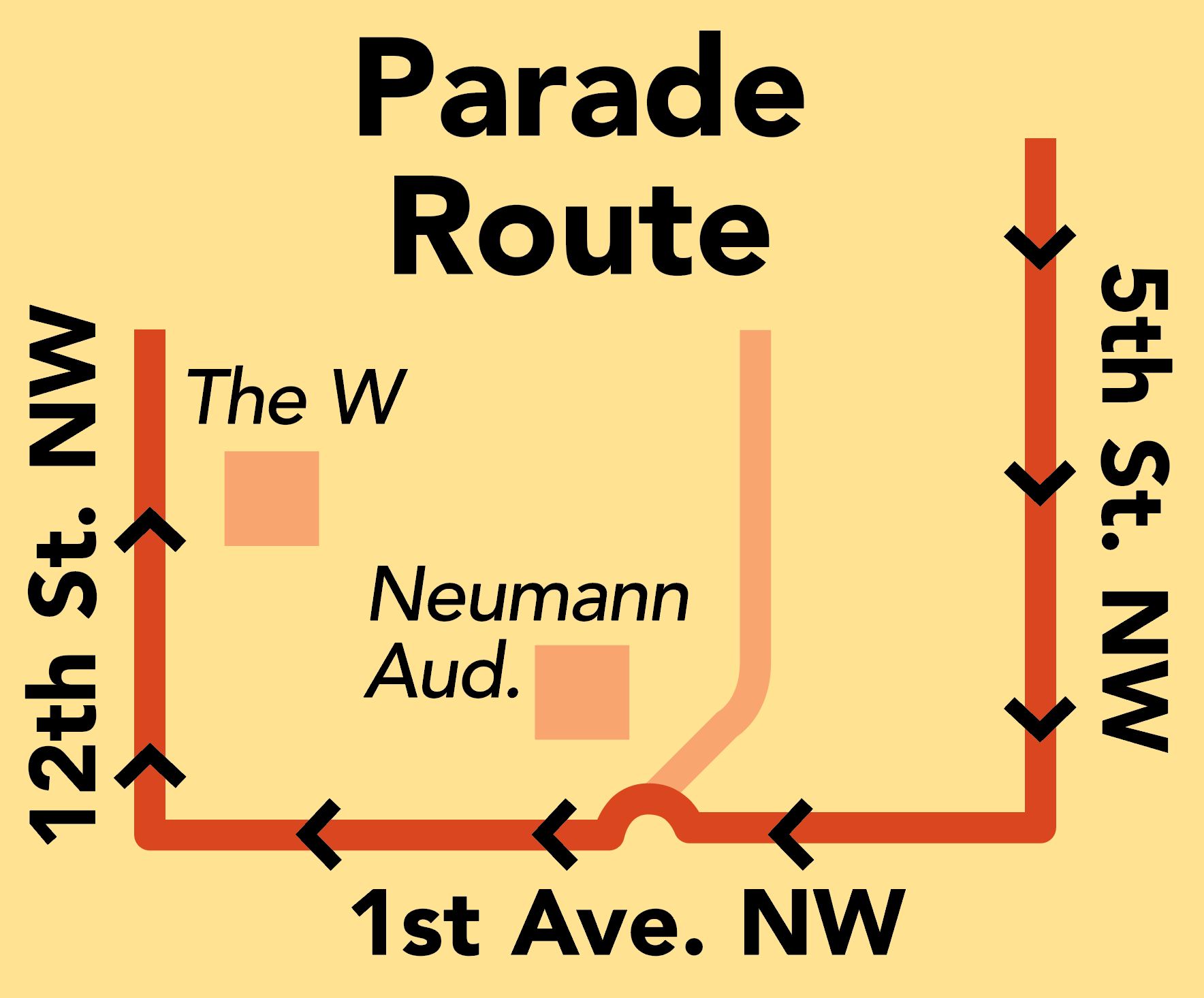 Homecoming Parade Route: South on 5th St. NW, west on 1st Ave. NW, north on 12th St. NW.